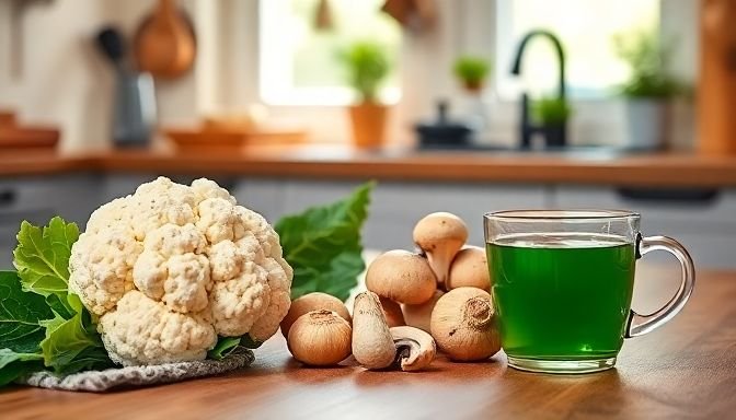 Φρέσκα κουνουπίδια, μανιτάρια και πράσινο τσάι σε κουζίνα