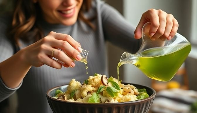 Γυναίκα ετοιμάζει υγιεινή σαλάτα με κουνουπίδι και μανιτάρια