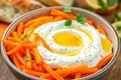 Ένα μπολ με τζατζίκι με καρότο, παρουσίαση με φρέσκο ψωμί και βότανα.