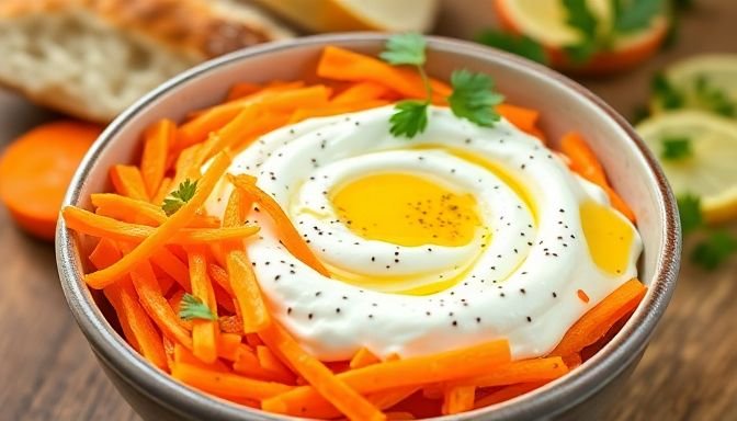 Ένα μπολ με τζατζίκι με καρότο, παρουσίαση με φρέσκο ψωμί και βότανα.