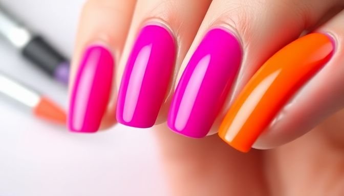 Κοντινή λήψη περιποιημένων νυχιών με λαμπερό βερνίκι νυχιών, αντιπροσωπεύοντας την αισθητική και τη φροντίδα, αλλά και τους κινδύνους από τις χημικές ουσίες.