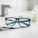 Γυαλιά και πανάκι καθαρισμού σε πάγκο μπάνιου