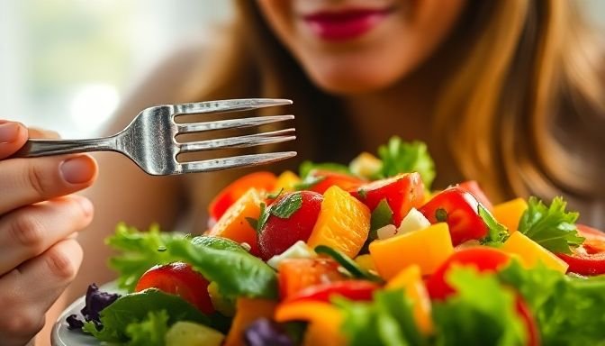 Γιατί το να ξεκινάς το φαγητό με σαλάτα μπορεί να κάνει τεράστια διαφορά στο σάκχαρό σου 3 Κοντινή λήψη ενός ατόμου που απολαμβάνει σαλάτα.