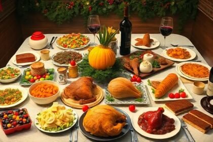 Ένα γιορτινό τραπέζι γεμάτο φαγητό για τις γιορτές, επισημαίνοντας την υπερκατανάλωση και την πληρότητα.