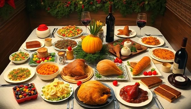 Ένα γιορτινό τραπέζι γεμάτο φαγητό για τις γιορτές, επισημαίνοντας την υπερκατανάλωση και την πληρότητα.