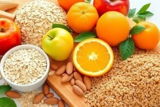 Υγιεινές τροφές όπως βρώμη, μήλα και ξηροί καρποί που συμβάλλουν στη μείωση της χοληστερίνης.