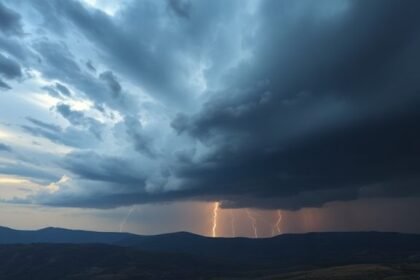 Απεικόνιση καταιγίδας με κεραυνούς πάνω από ελληνικό τοπίο.
