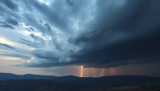 Απεικόνιση καταιγίδας με κεραυνούς πάνω από ελληνικό τοπίο.