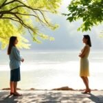 Μια ήρεμη σκηνή διαλόγου που τονίζει την αξία της επικοινωνίας και της αρμονίας, με φυσικά στοιχεία στο φόντο.