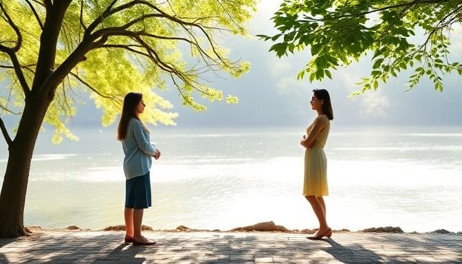Μια ήρεμη σκηνή διαλόγου που τονίζει την αξία της επικοινωνίας και της αρμονίας, με φυσικά στοιχεία στο φόντο.