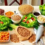 Διαφορετικά υγιεινά τρόφιμα που προάγουν τη μακροχρόνια υγεία, όπως λαχανικά, οσπριά και ξηροί καρποί.