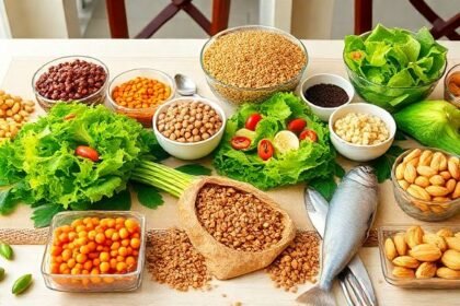 Διαφορετικά υγιεινά τρόφιμα που προάγουν τη μακροχρόνια υγεία, όπως λαχανικά, οσπριά και ξηροί καρποί.