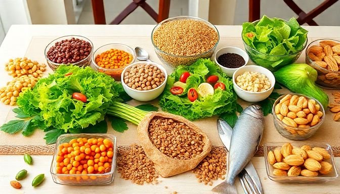 Διαφορετικά υγιεινά τρόφιμα που προάγουν τη μακροχρόνια υγεία, όπως λαχανικά, οσπριά και ξηροί καρποί.