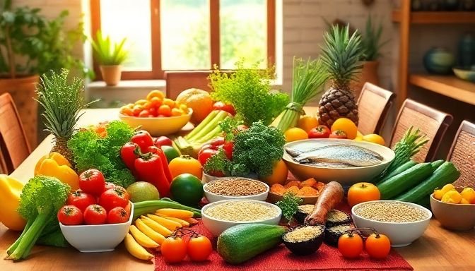 Τραπέζι με υγιεινές μεσογειακές επιλογές και φωτισμό από τον ήλιο