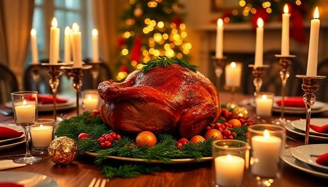 Ένα γιορτινό τραπέζι με ψητό κρέας και διακοσμήσεις Χριστουγέννων