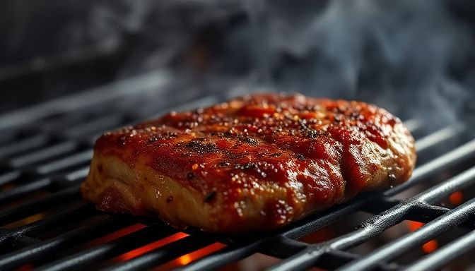 Κοντινό πλάνο μαριναρισμένου κρέατος στη σχάρα