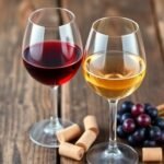 Ένας συνδυασμός ξηρού και ημίγλυκου κρασιού σε ξύλινο τραπέζι, με κόκκους σταφυλιών και φελλούς.