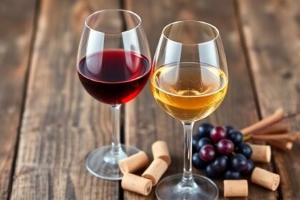 Ένας συνδυασμός ξηρού και ημίγλυκου κρασιού σε ξύλινο τραπέζι, με κόκκους σταφυλιών και φελλούς.