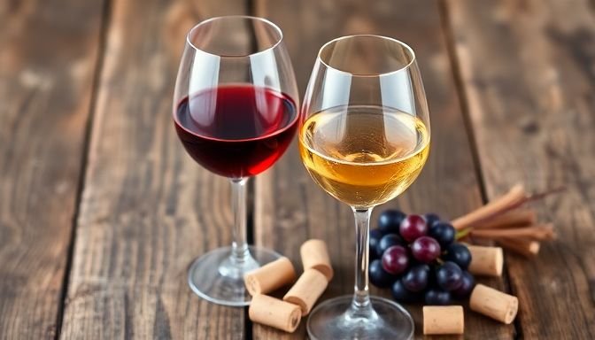 Ένας συνδυασμός ξηρού και ημίγλυκου κρασιού σε ξύλινο τραπέζι, με κόκκους σταφυλιών και φελλούς.