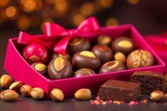 Λαχταριστές σοκολάτες σε εντυπωσιακή συσκευασία με φιστίκια.