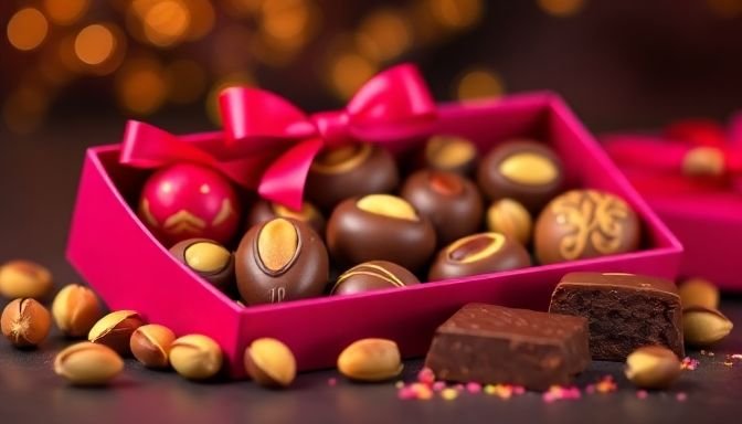 Λαχταριστές σοκολάτες σε εντυπωσιακή συσκευασία με φιστίκια.