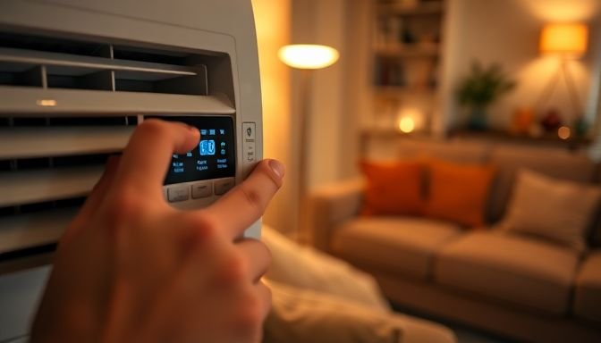 Κοντινό πλάνο χεριού που ρυθμίζει το κλιματιστικό με φόντο ένα ζεστό καθιστικό