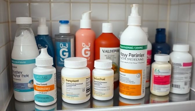 Καλλυντικά και φάρμακα σε ράφι μπάνιου με σημάδια φθοράς