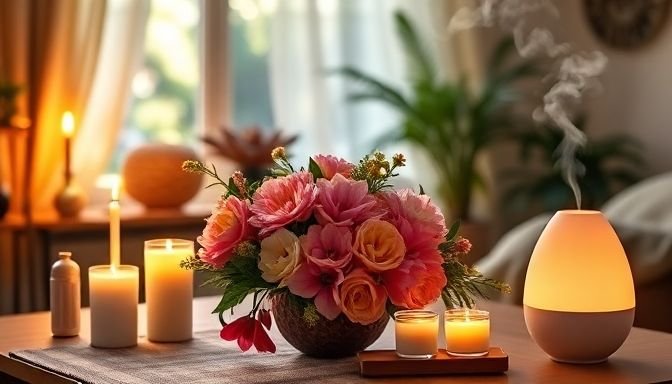 Ατμόσφαιρα σπιτιού με κεριά, αιθέρια έλαια και φρέσκα λουλούδια για μια ζεστή και φιλόξενη διάθεση.