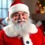 Απεικόνιση του Άγιου Βασίλη με κόκκινη στολή, γενειάδα και χαμόγελο, μπροστά σε μία γιορτινή ατμόσφαιρα.