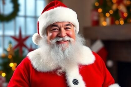 Απεικόνιση του Άγιου Βασίλη με κόκκινη στολή, γενειάδα και χαμόγελο, μπροστά σε μία γιορτινή ατμόσφαιρα.