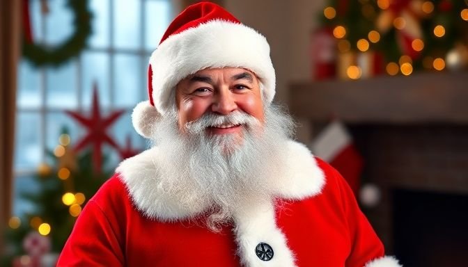 Απεικόνιση του Άγιου Βασίλη με κόκκινη στολή, γενειάδα και χαμόγελο, μπροστά σε μία γιορτινή ατμόσφαιρα.