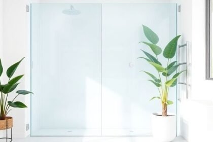 Καθαρή γυάλινη πόρτα ντους σε μοντέρνο μπάνιο