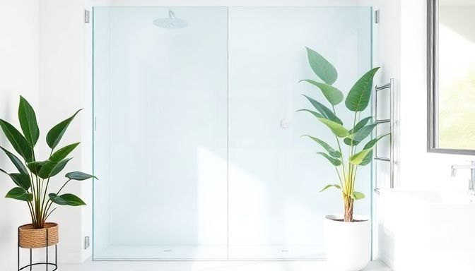 Καθαρή γυάλινη πόρτα ντους σε μοντέρνο μπάνιο