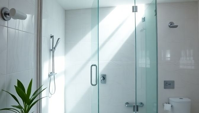 Καθαρή γυάλινη πόρτα ντούζ σε φωτεινό μπάνιο
