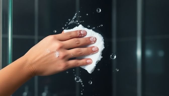 Χέρι που καθαρίζει γυάλινη πόρτα ντούζ με φυσική πάστα