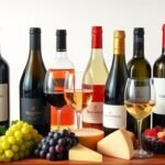 Διάφορες φιάλες κρασιού σε μια κομψή διάταξη με σταφύλια, τυριά και ποτήρια, εκπροσωπώντας τη διαδικασία επιλογής κρασιού.