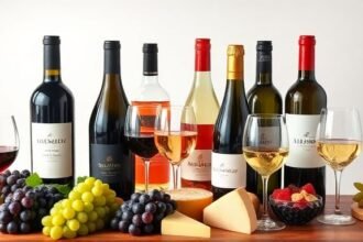 Διάφορες φιάλες κρασιού σε μια κομψή διάταξη με σταφύλια, τυριά και ποτήρια, εκπροσωπώντας τη διαδικασία επιλογής κρασιού.