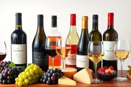 Διάφορες φιάλες κρασιού σε μια κομψή διάταξη με σταφύλια, τυριά και ποτήρια, εκπροσωπώντας τη διαδικασία επιλογής κρασιού.