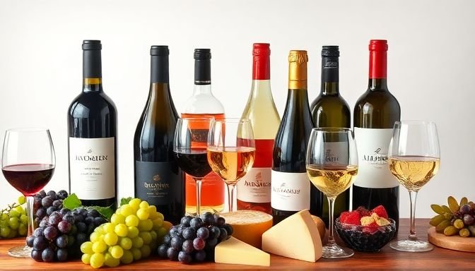 Διάφορες φιάλες κρασιού σε μια κομψή διάταξη με σταφύλια, τυριά και ποτήρια, εκπροσωπώντας τη διαδικασία επιλογής κρασιού.