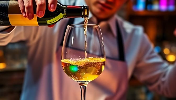 Επαγγελματίας σερβίρει λευκό κρασί σε ποτήρι