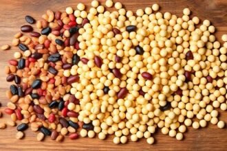 Various legumes including lentils, beans, and chickpeas displayed on a wooden table, representing natural foods that aid in digestion.