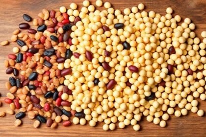 Various legumes including lentils, beans, and chickpeas displayed on a wooden table, representing natural foods that aid in digestion.