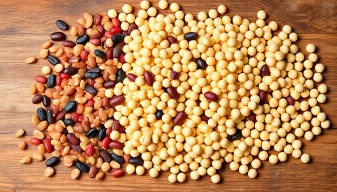 Various legumes including lentils, beans, and chickpeas displayed on a wooden table, representing natural foods that aid in digestion.