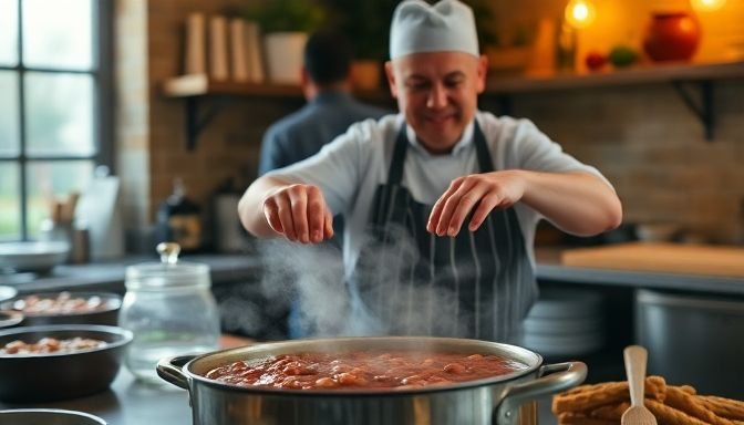 Μάγειρας ετοιμάζει φασολάδα σε παραδοσιακή κουζίνα