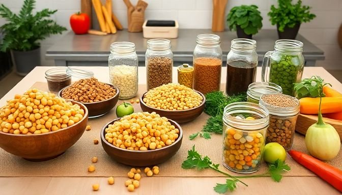 Ποικιλία από όσπρια και φρέσκα λαχανικά σε μια κουζίνα