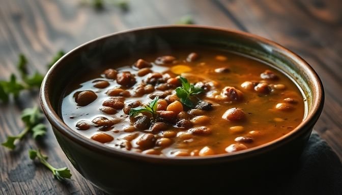 Κοντινής άποψης φακής σούπας σε ξύλινη επιφάνεια