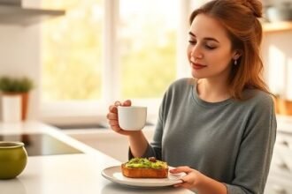 Μια γυναίκα απολαμβάνει ένα υγιεινό πρωινό με αβοκάντο και καφέ σε μια ηλιόλουστη κουζίνα.