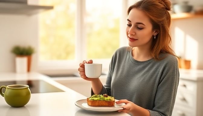 Μια γυναίκα απολαμβάνει ένα υγιεινό πρωινό με αβοκάντο και καφέ σε μια ηλιόλουστη κουζίνα.