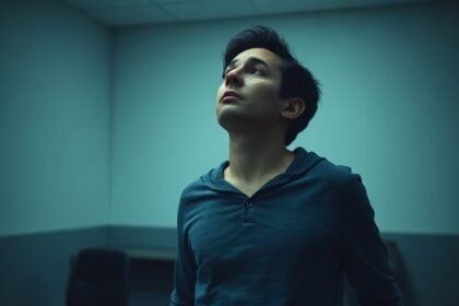 Ένας άνθρωπος βιώνει μια κρίση πανικού, με έντονες εκφράσεις και σωματικά συμπτώματα που μαρτυρούν φόβο και άγχος.