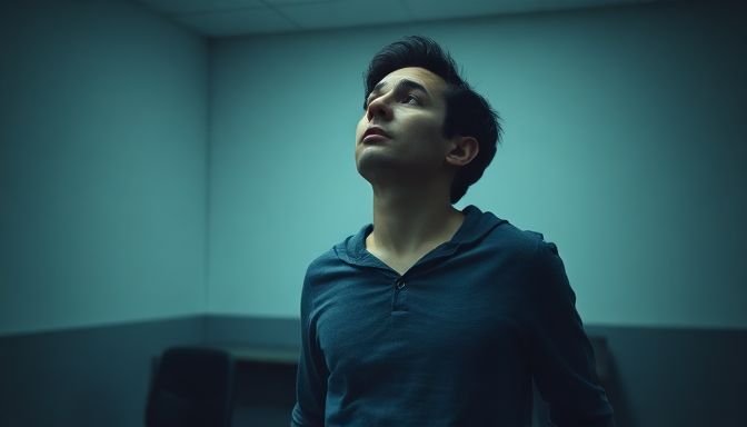 Ένας άνθρωπος βιώνει μια κρίση πανικού, με έντονες εκφράσεις και σωματικά συμπτώματα που μαρτυρούν φόβο και άγχος.